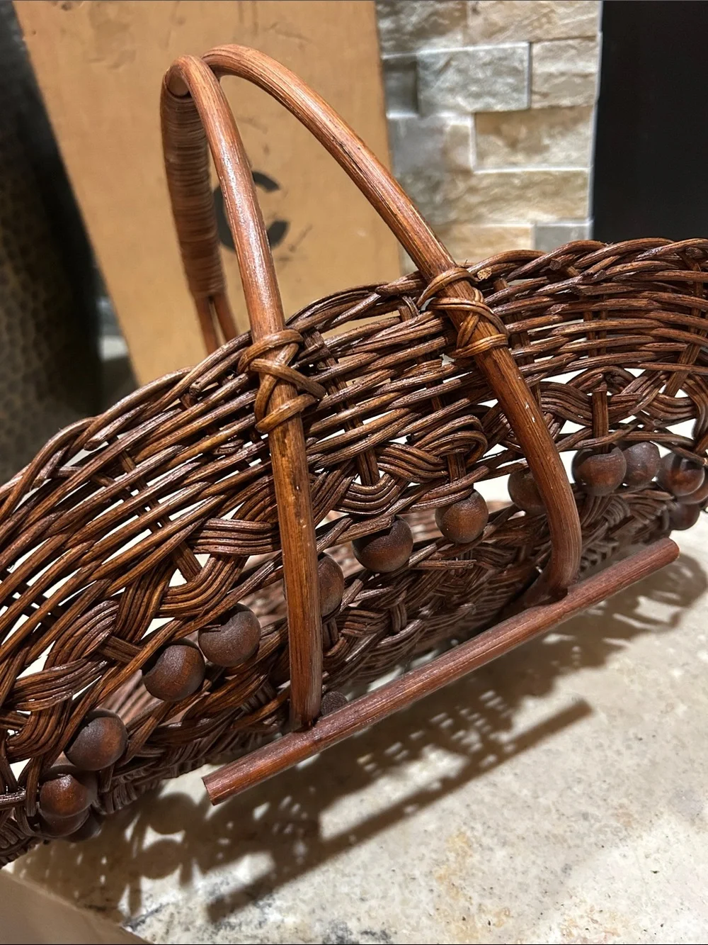 SOLD- vintage wicker rattan foraging flower trug basket decorated w/ wooden bead